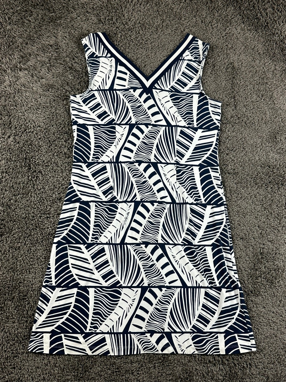 Tommy Bahama Leaf Line Tambour V-Neck Shift Dress M Blue White Tropical Stretch