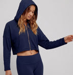 Allfenix Womens Ribbed Boxy Crop Zip Hoodie Navy Blue O-Ring Athleisure Large L