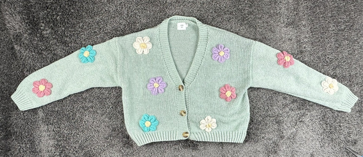 Luna Ivy Women's Large Mint Green 3D Floral Applique Button Cardigan Sweater