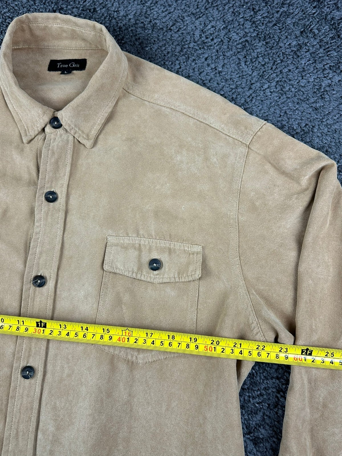 Vintage 90s True Grit Mens L Tan Chamois Button-Up Shacket Long Sleeve Shirt