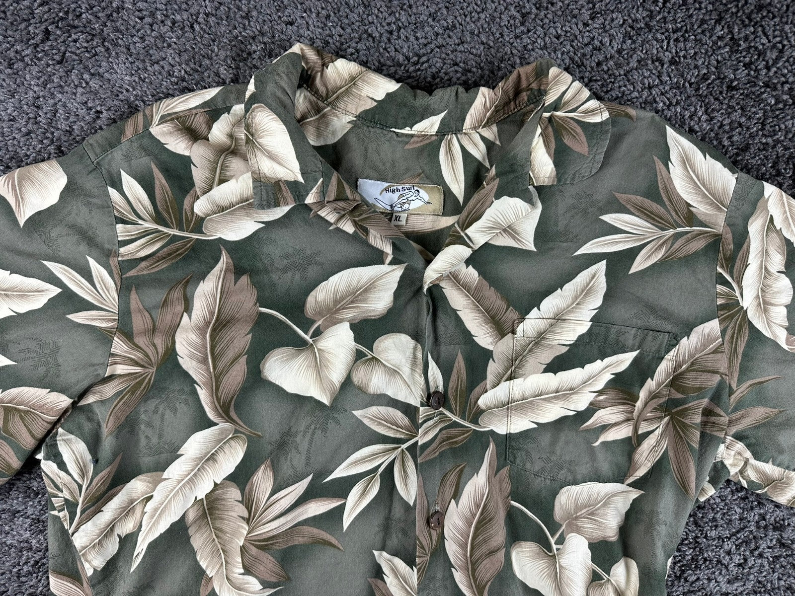 High Surf Mens Hawaiian Shirt Cotton Short Sleeve Olive Green Tropical Leaf XL