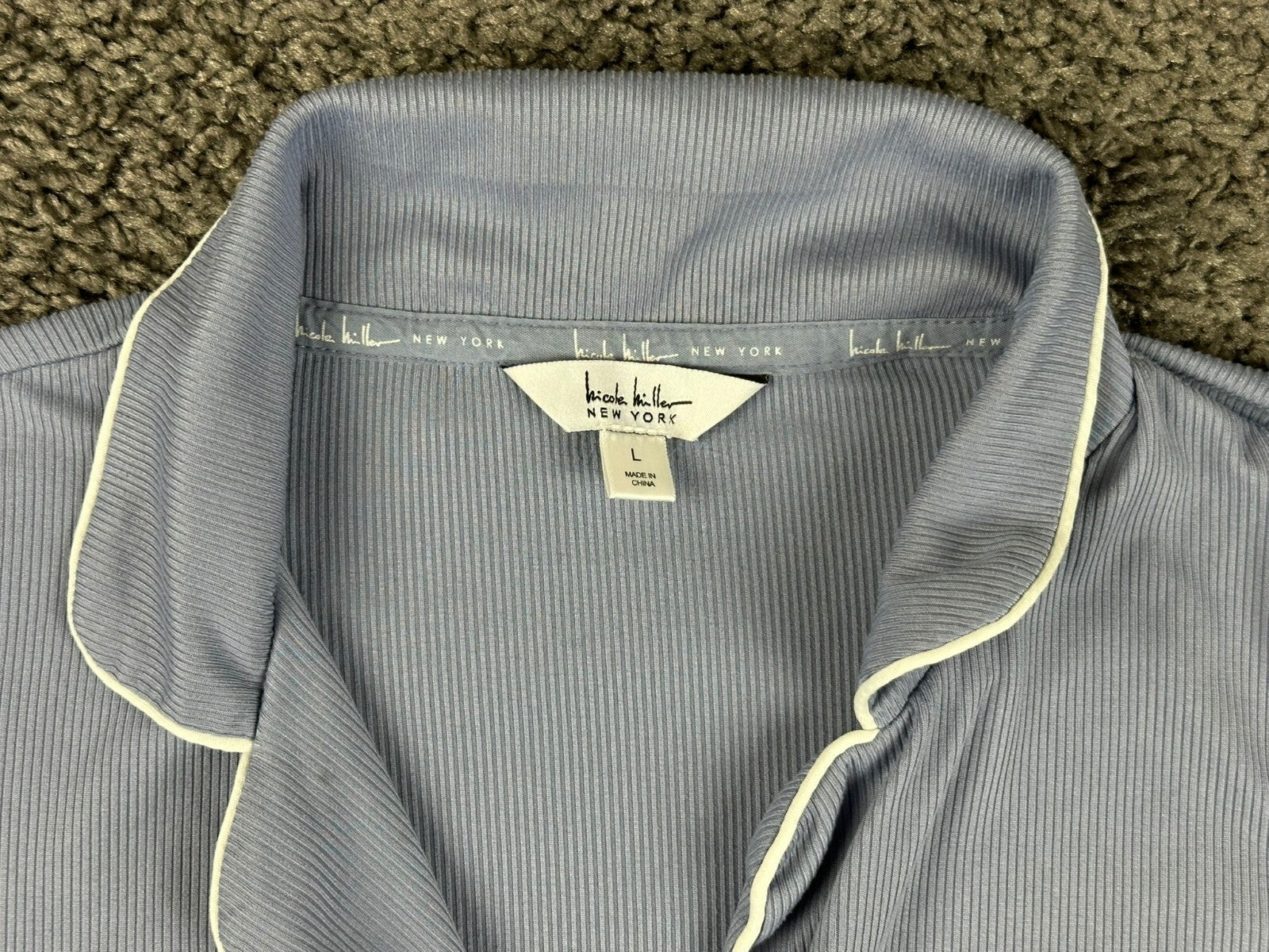 Nicole Miller New York Womens Pajama Set Large Blue Ribbed Top and Pants PJs