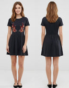 ASOS Womens Size 2 Black Floral Embroidered Fit & Flare Boho Mini Skater Dress