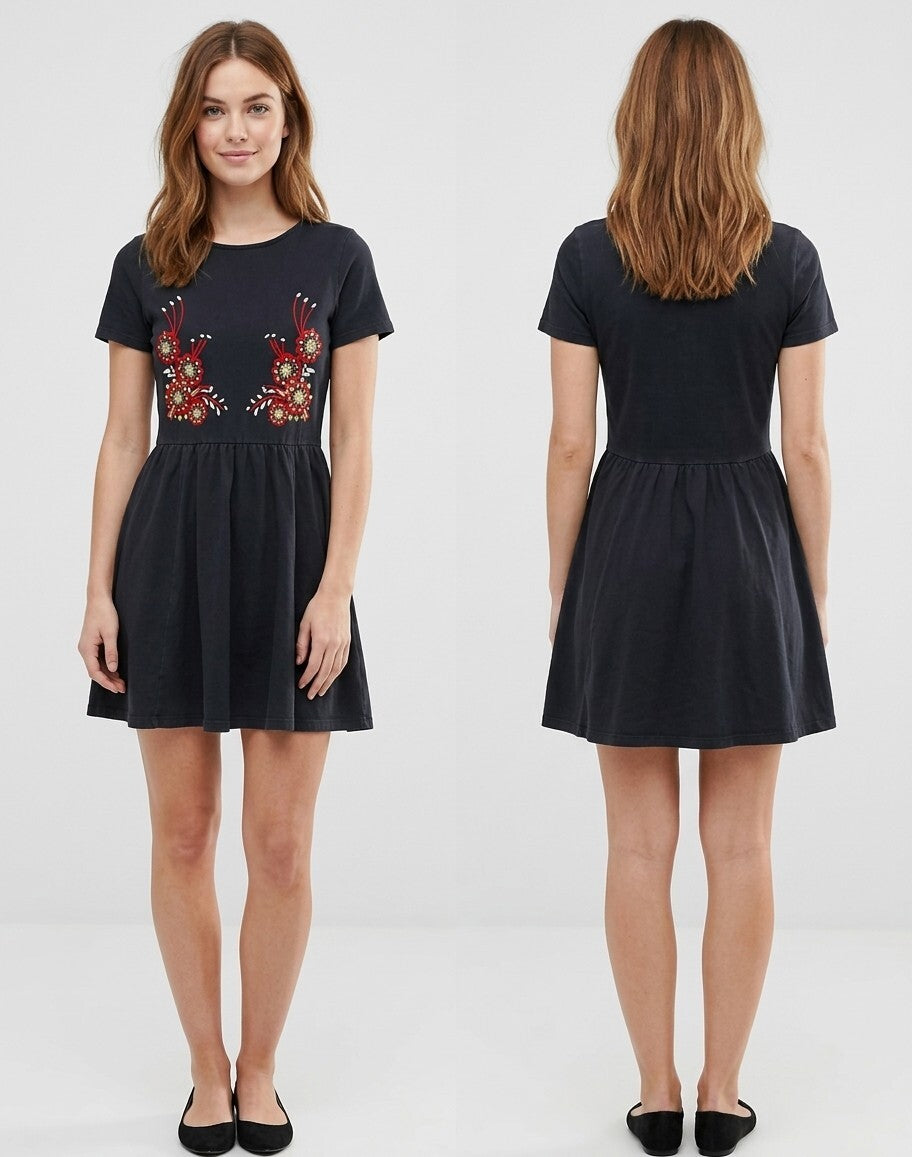 ASOS Womens Size 2 Black Floral Embroidered Fit & Flare Boho Mini Skater Dress