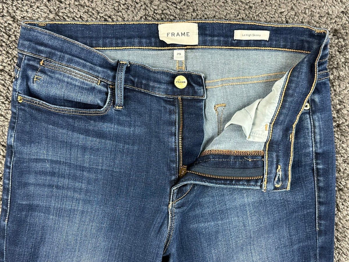 FRAME Womens 29 Le High Skinny Jeans Copa Wash Split Hem Blue Denim USA