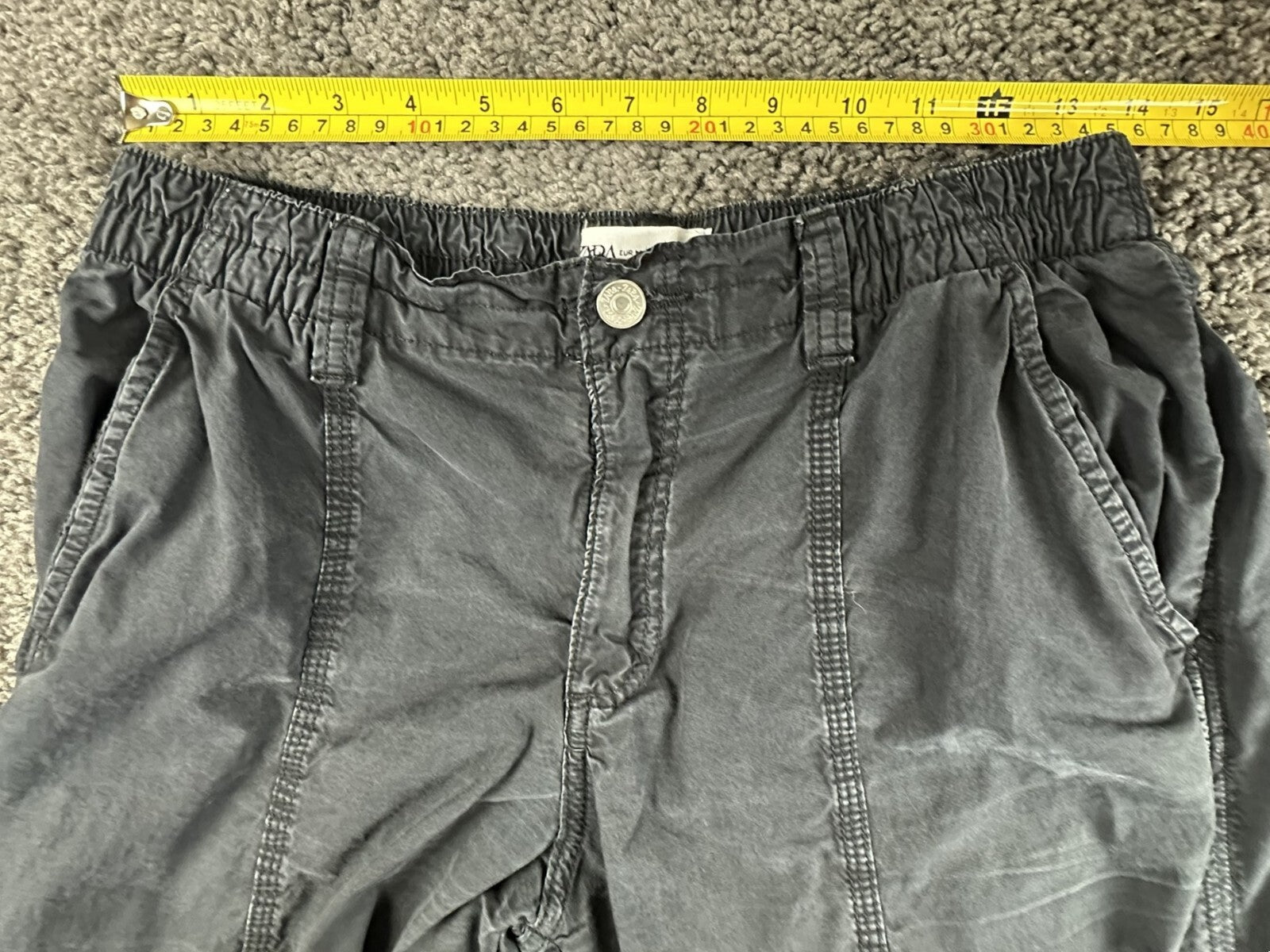 Zara Mens Wide Leg Cargo Pants Baggy Multi Pocket Washed Gray Black Size M