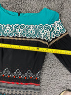 Cache Dress Womens XS Sheath Teal Black Geometric Print Long Sleeve Midi Dress