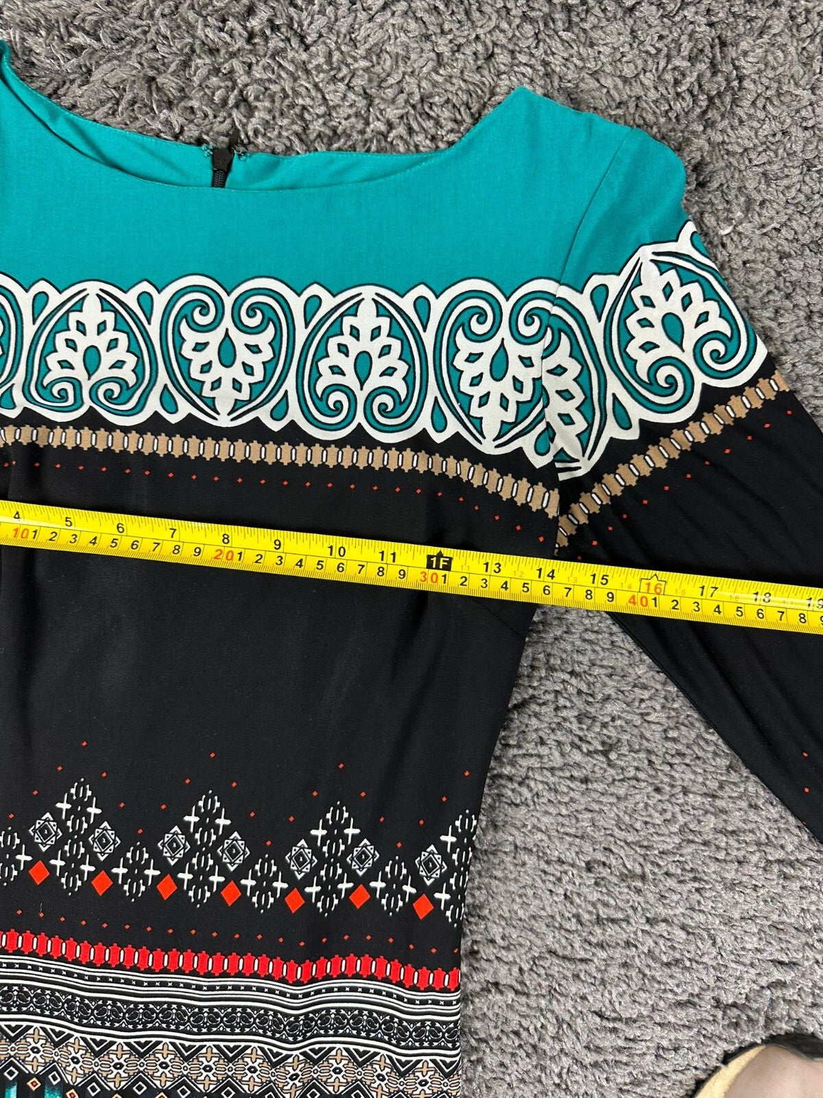 Cache Dress Womens XS Sheath Teal Black Geometric Print Long Sleeve Midi Dress