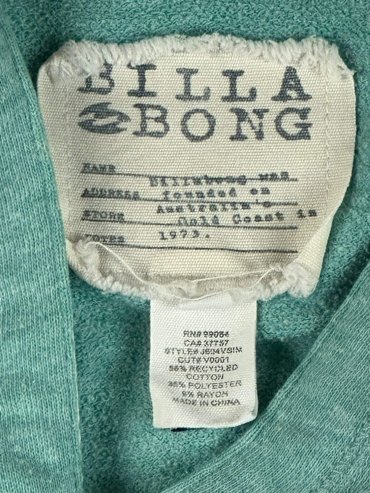 Billabong Womens Hoodie Teal Gray Colorblock Raglan Pullover Sweatshirt Sz Small