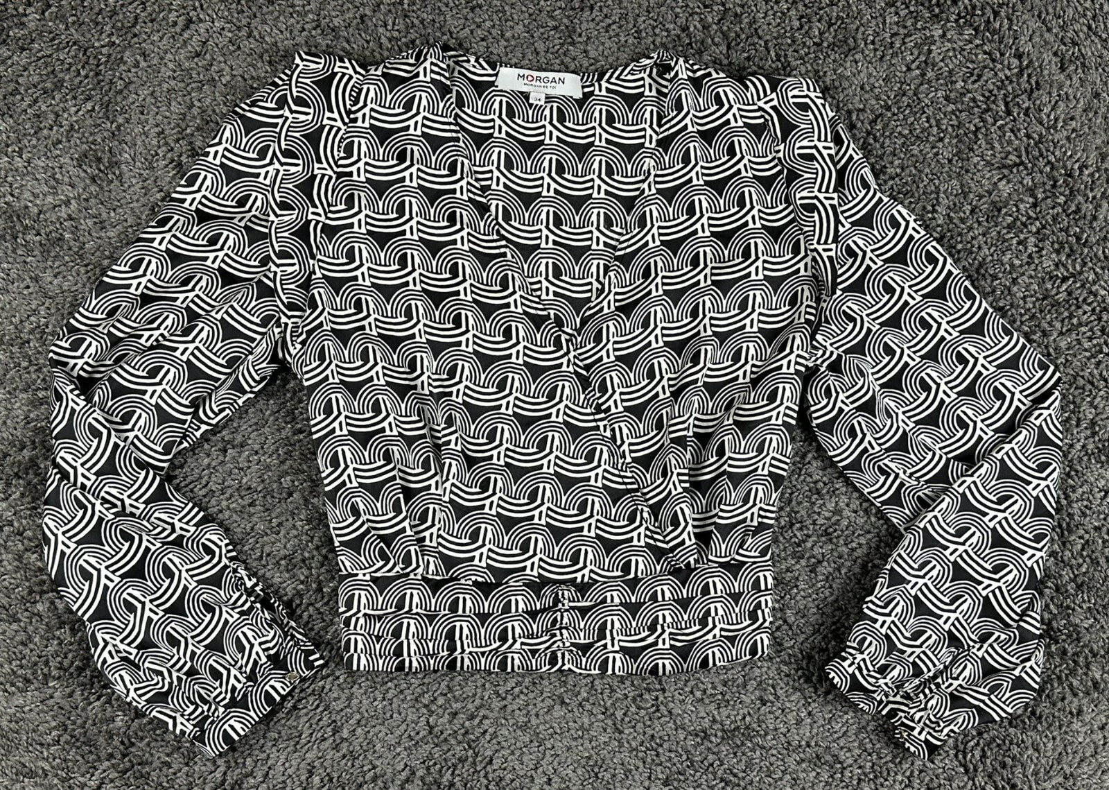 Morgan De Toi Odesir Blouse Black White Geometric Wrap Long Sleeve Top Sz XS 34
