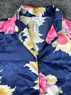 Natori Womens L Navy Pink Floral Satin Long Sleeve Button Pajama Top