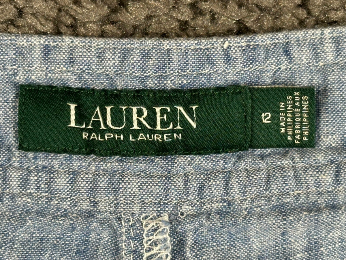 Lauren Ralph Lauren Womens 12 Blue Chambray Linen Wide Leg Crop Pants Pockets
