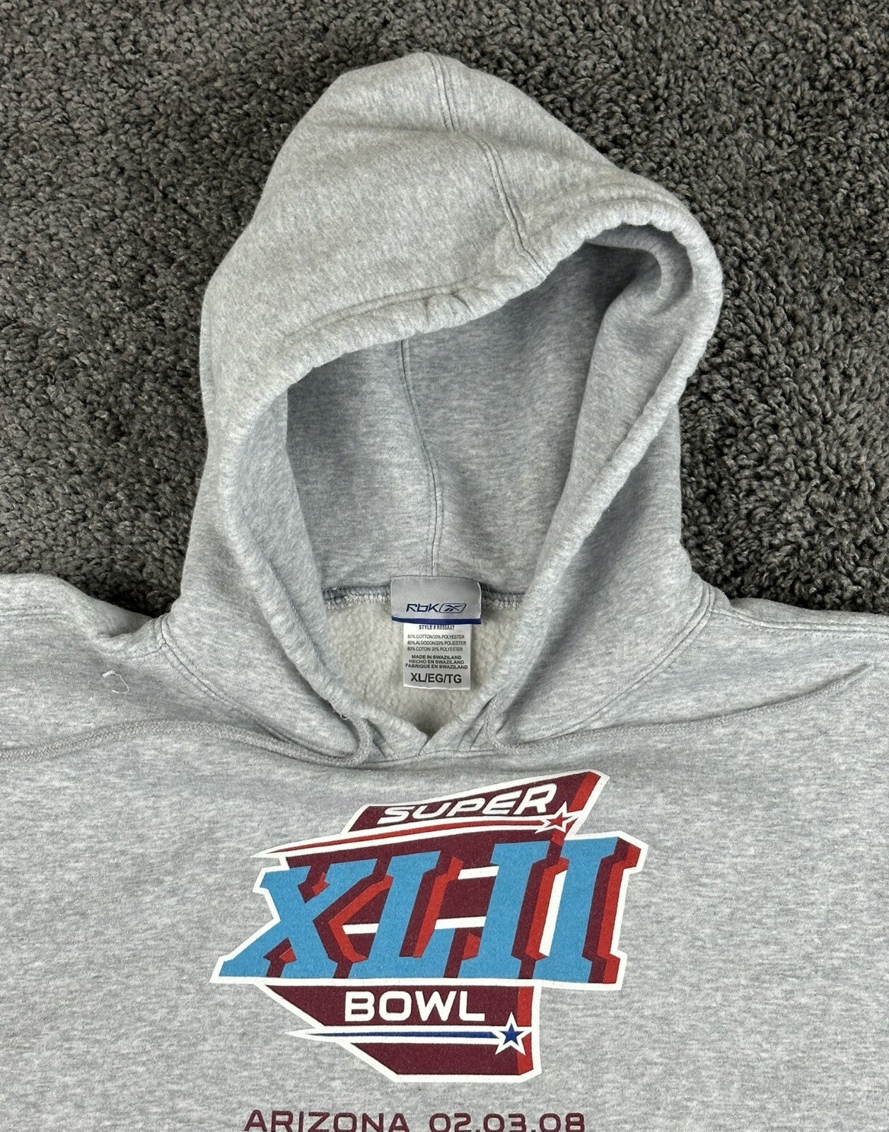 Reebok Super Bowl XLII 2008 Hoodie Mens Gray Giants Patriots NFL Vintage Sz XL
