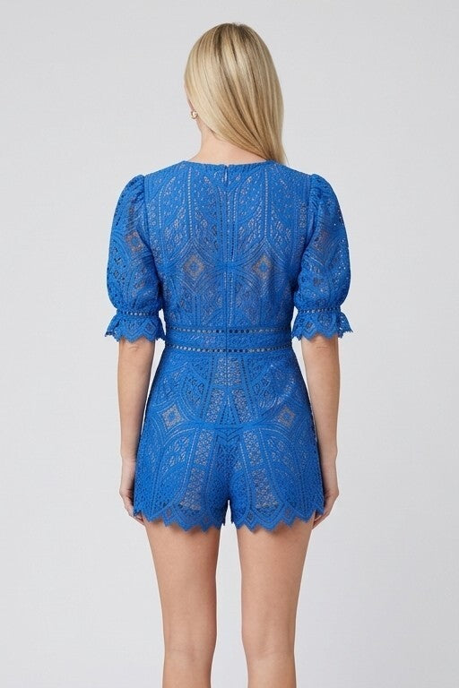Saylor x Free People Bliss Womens M Royal Blue & Nude Lace V-Neck Romper