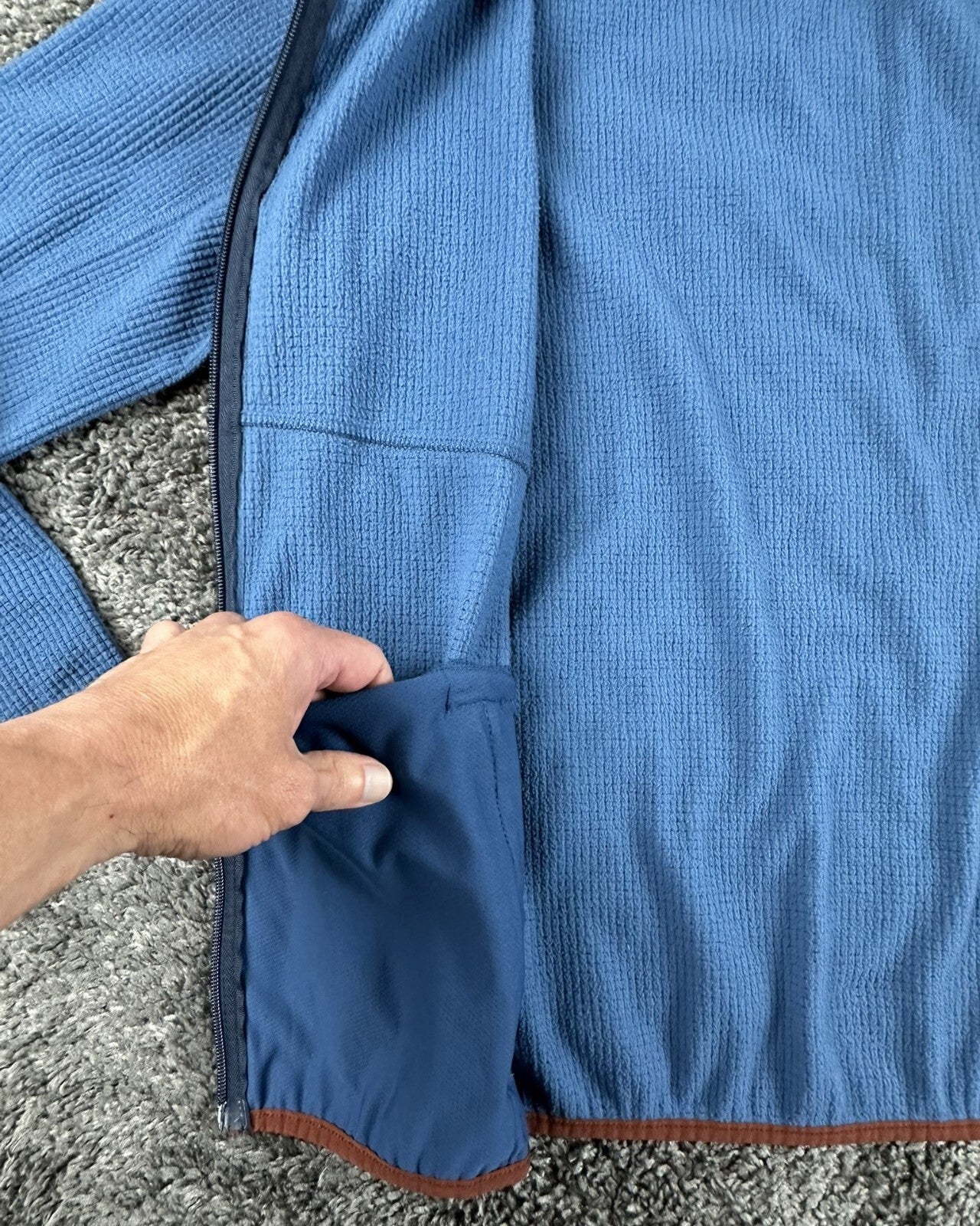 L.L.Bean Fleece Jacket Men Blue Full Zip Waffle Knit Thumbhole Cuffs Sz L