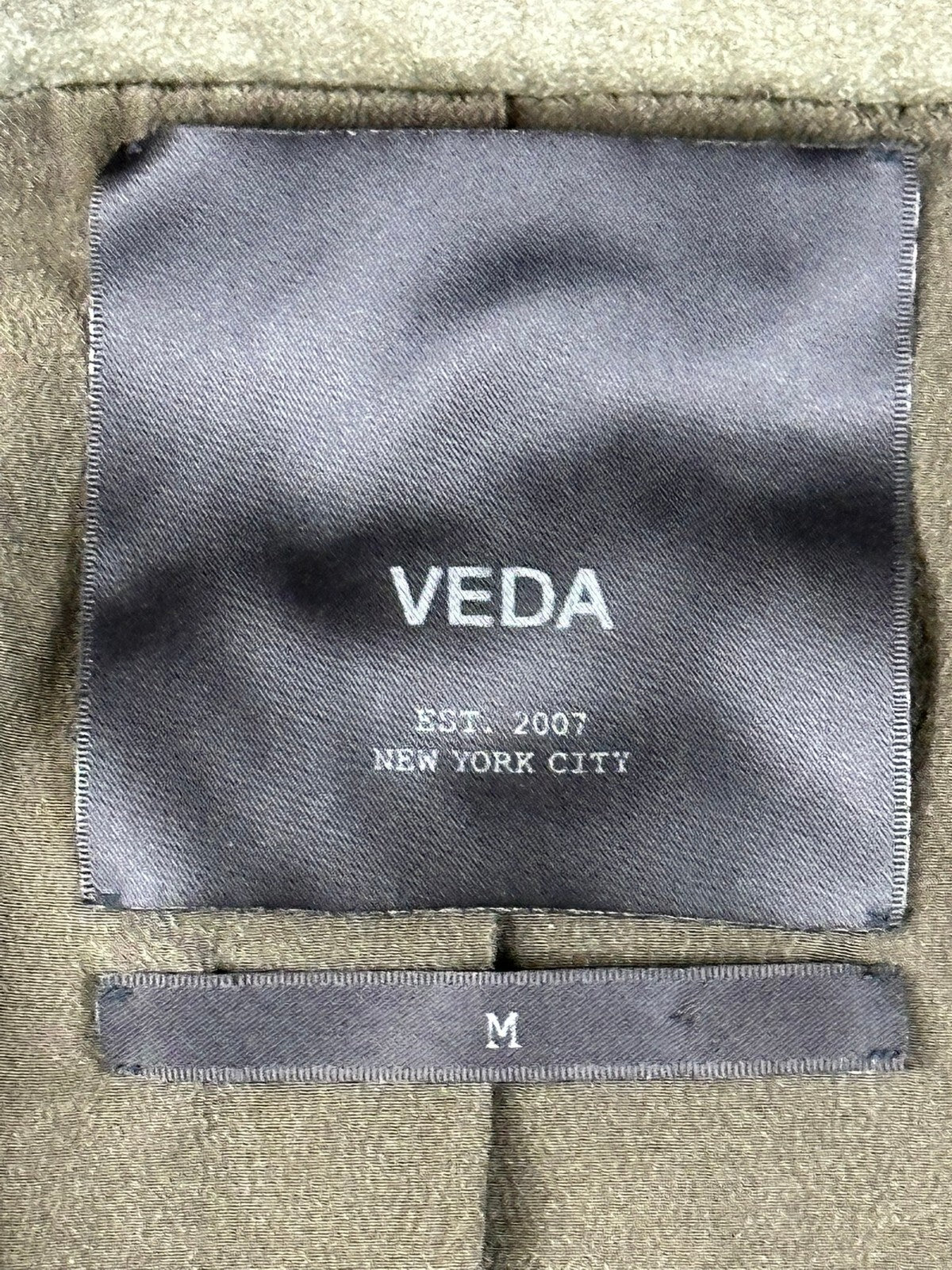 VEDA Leather Jacket Women Olive Green Asymmetrical Moto Wool Knit Silk Sz M