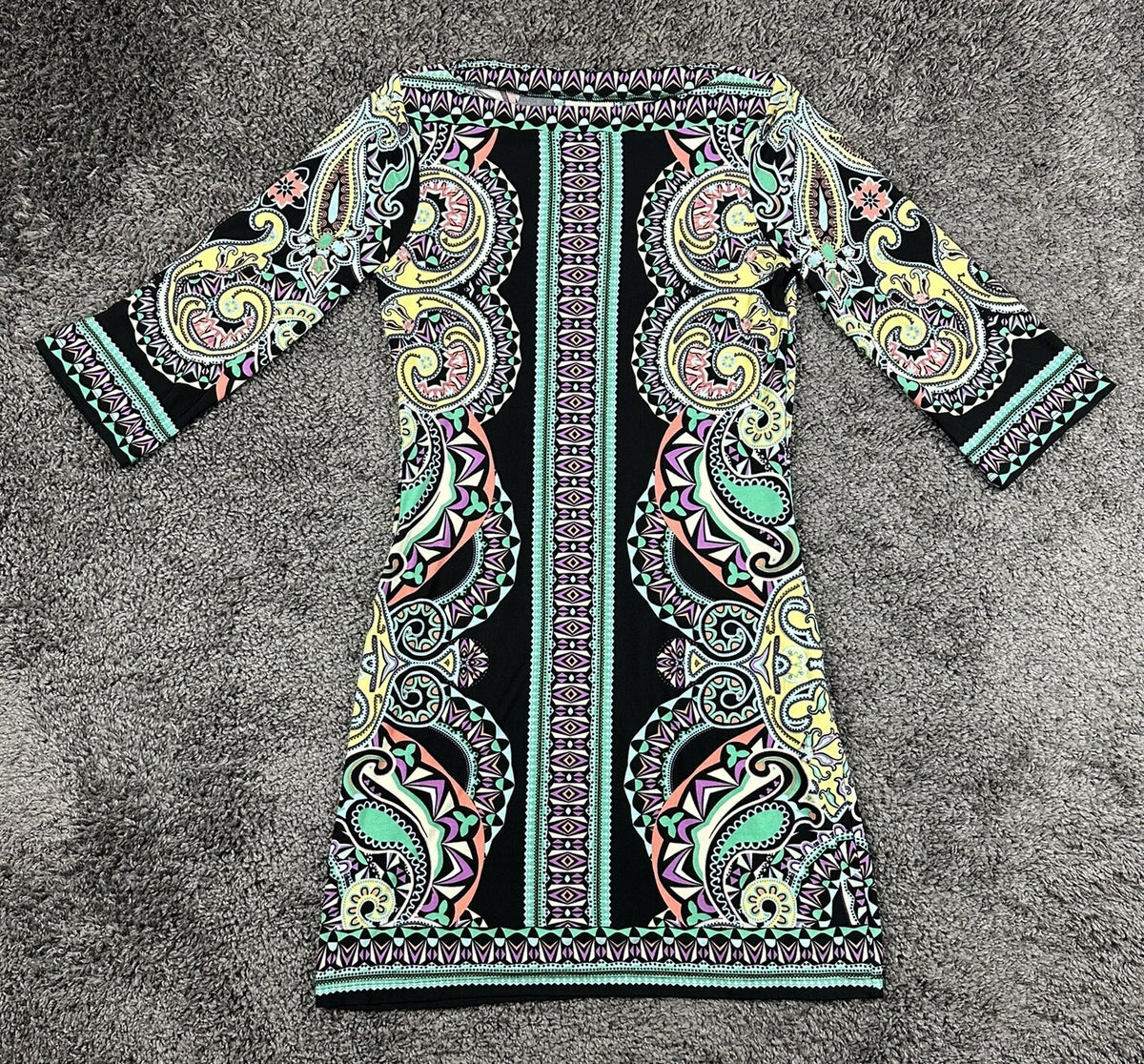 ECI New York Dress Womens S Small Black Multi Geometric Paisley Stretch