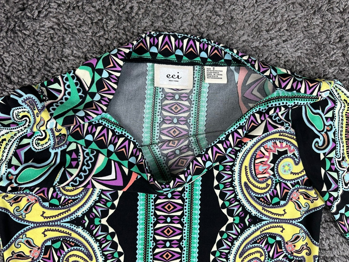ECI New York Dress Womens S Small Black Multi Geometric Paisley Stretch NWT