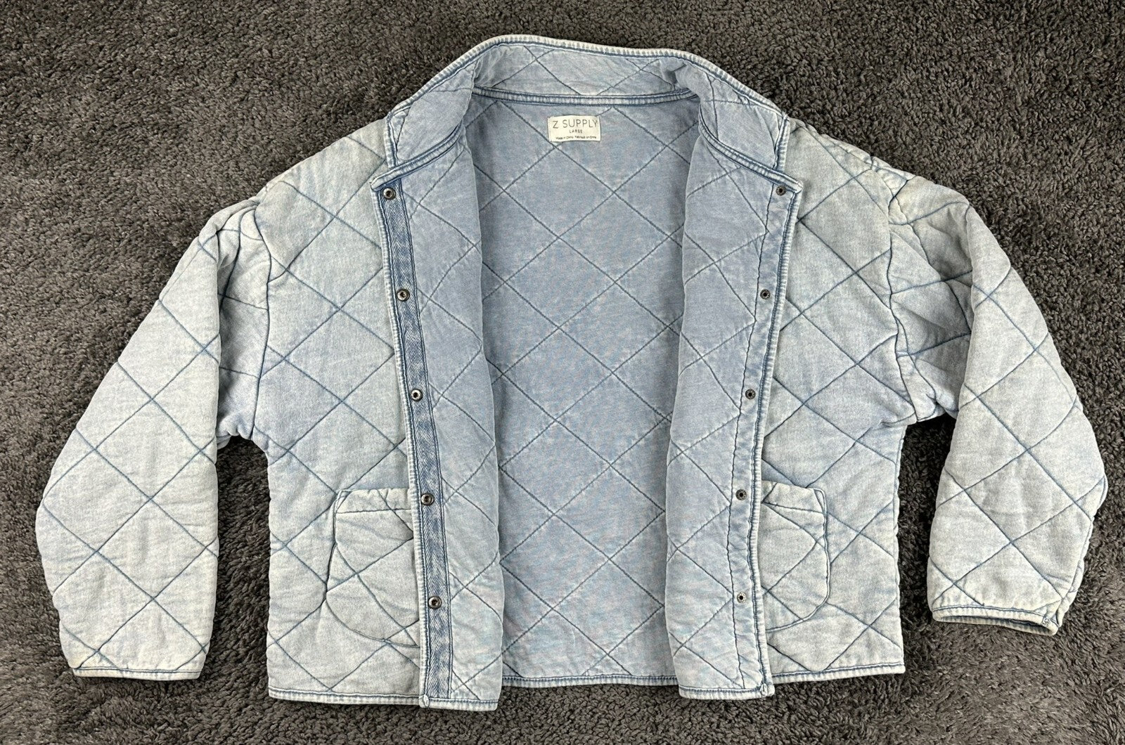 Z Supply Maya Quilted Jacket Womens Washed Indigo Blue Snap Front Shacket Sz L