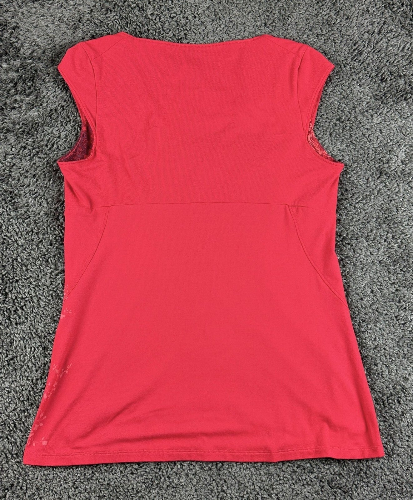 REI Womens Tunic Top Medium Red Floral V Neck Cap Sleeve Stretch Travel Shirt