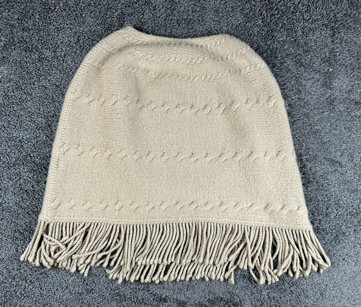 Lands End Womens Beige Cable Knit Wool Blend Fringe Poncho Cape Sweater S/M