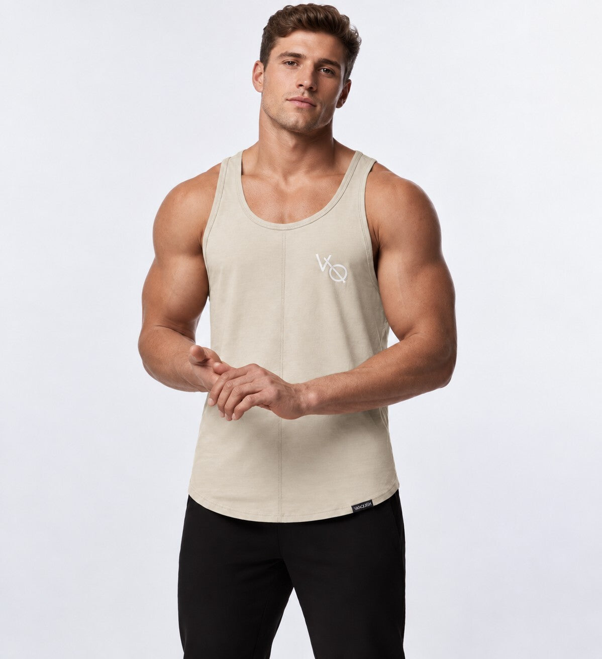 Vanquish Fitness VQ Mens M Tan Khaki Longline Curved Hem Tank Top Stringer