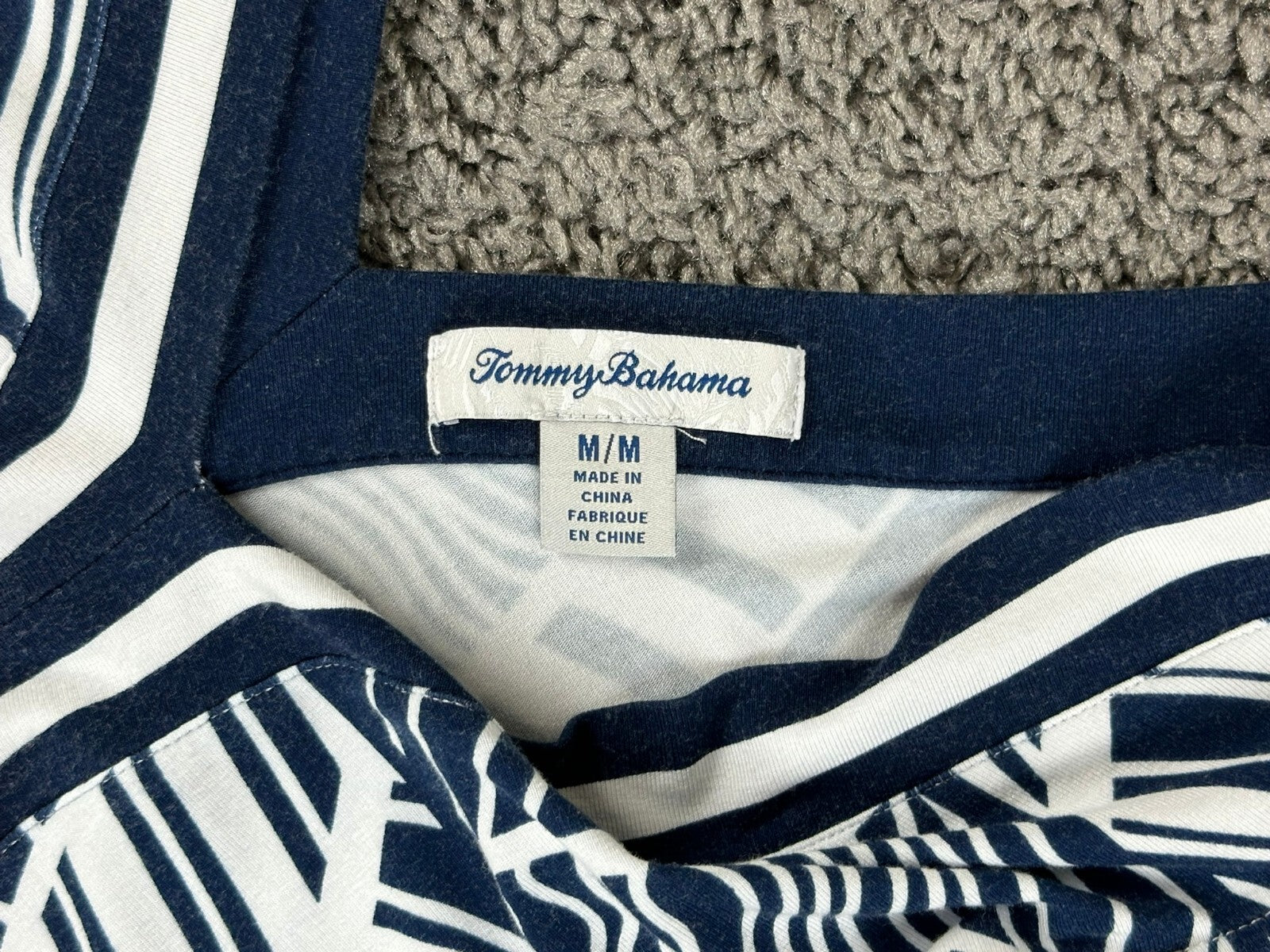 Tommy Bahama Leaf Line Tambour V-Neck Shift Dress M Blue White Tropical Stretch