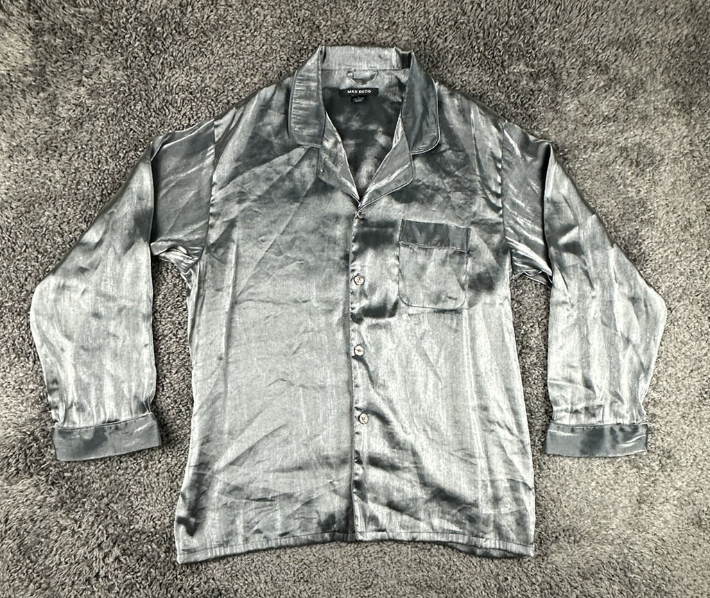 Max Deco Mens L Silver Grey Satin Long Sleeve Button Up Pajama Shirt Top