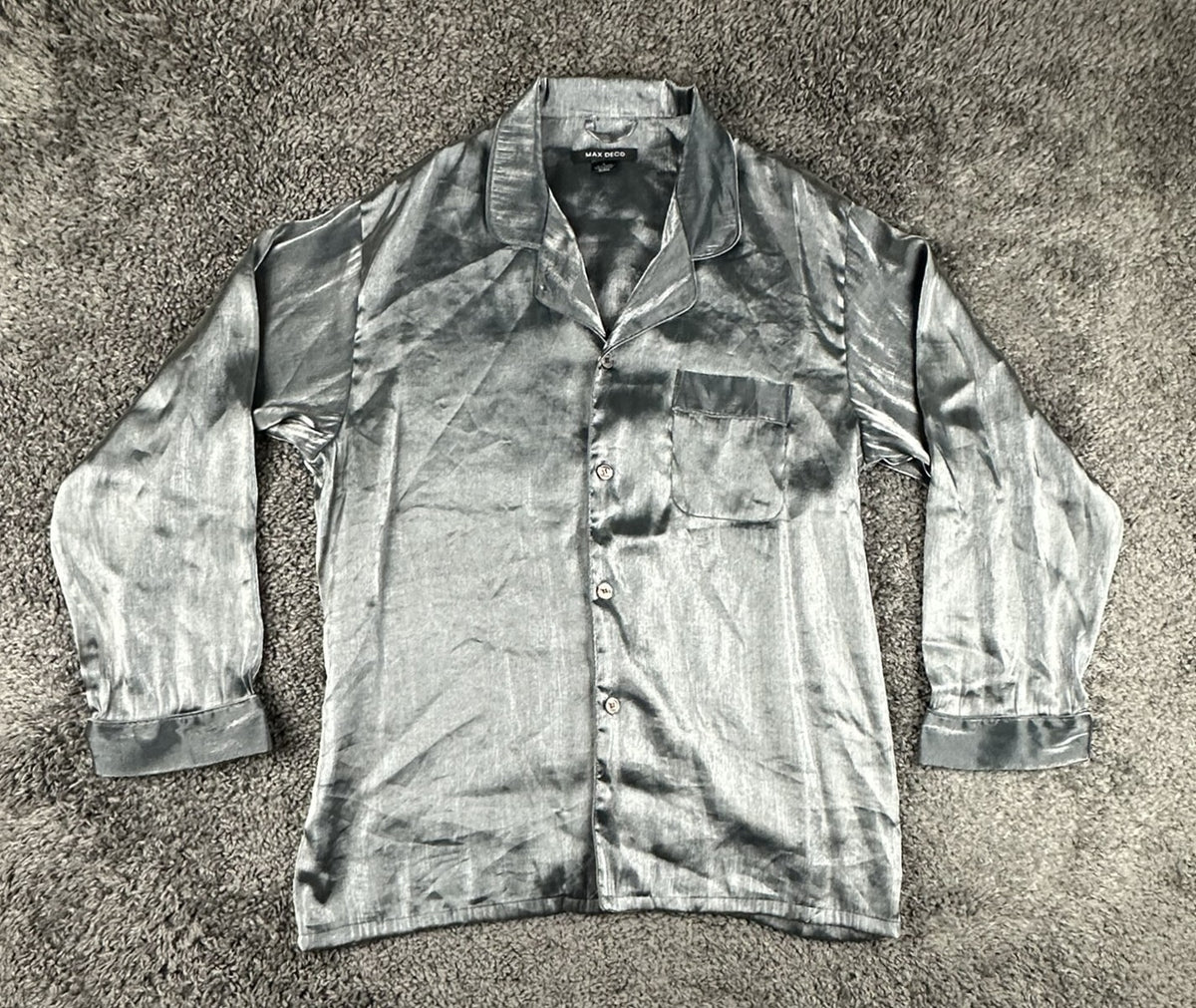 Max Deco Mens L Silver Grey Satin Long Sleeve Button Up Pajama Shirt Top