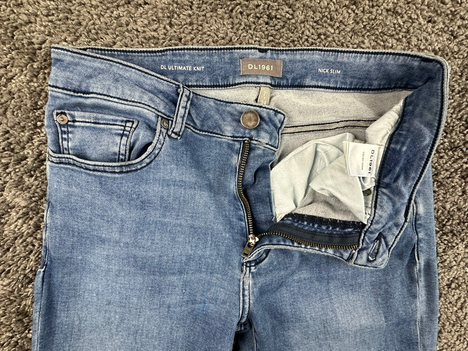DL1961 Nick Slim Ultimate Knit Jeans Mens Mohonk Mid Indigo Blue Denim Sz 31x34