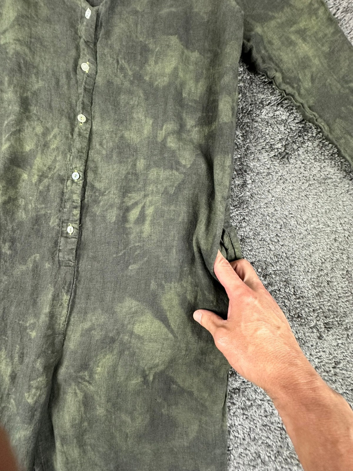 Camo Linen Jumpsuit Womens Size Medium Olive Green V-Neck Pockets Romper