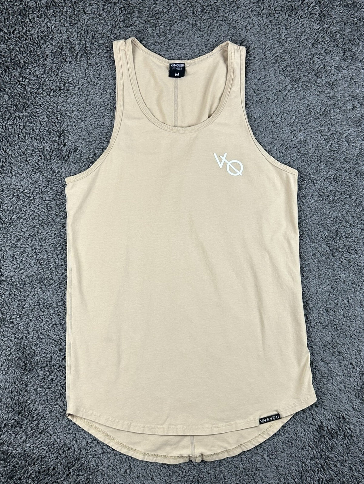 Vanquish Fitness VQ Mens M Tan Khaki Longline Curved Hem Tank Top Stringer