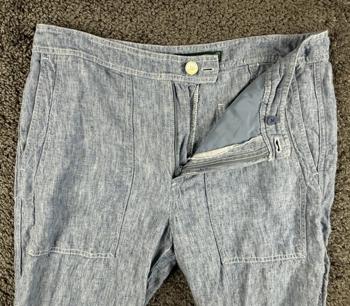 Lauren Ralph Lauren Womens 12 Blue Chambray Linen Wide Leg Crop Pants Pockets