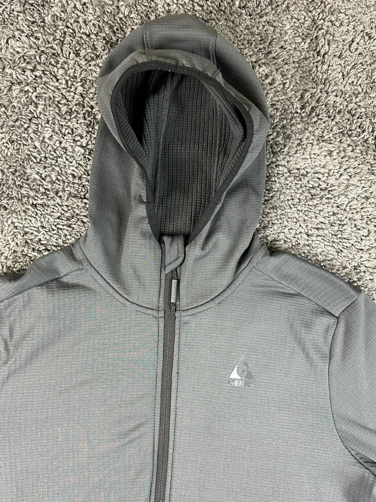 Gerry Mens Full Zip Hooded Grid Fleece Jacket Large Gray Outdoor Zip Pockets