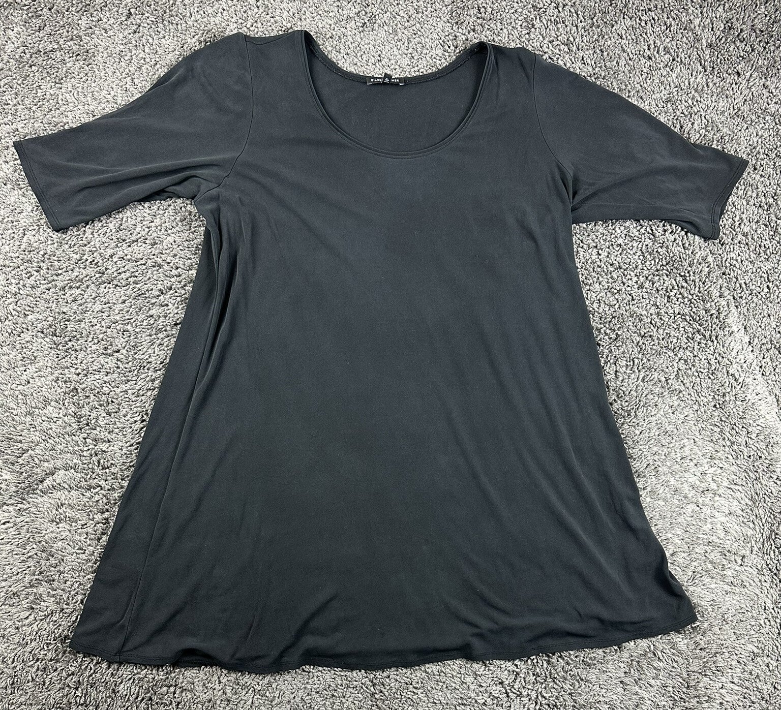 Eileen Fisher Black Stretch Silk Jersey Scoop Neck Short Sleeve Tunic Top Sz XL