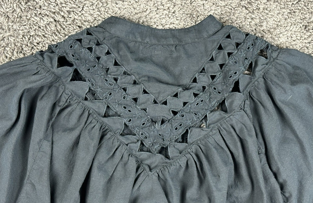 MOTHER The V Yoke Shirt Black Eyelet Cutout Yoke Balloon Sleeve Button Blouse M