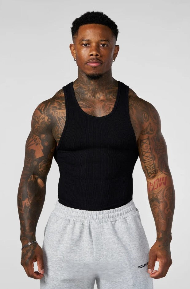 YoungLA Mens M Black Wife Lover Ribbed Tank Top Model 340 Fitness Gym Shirt