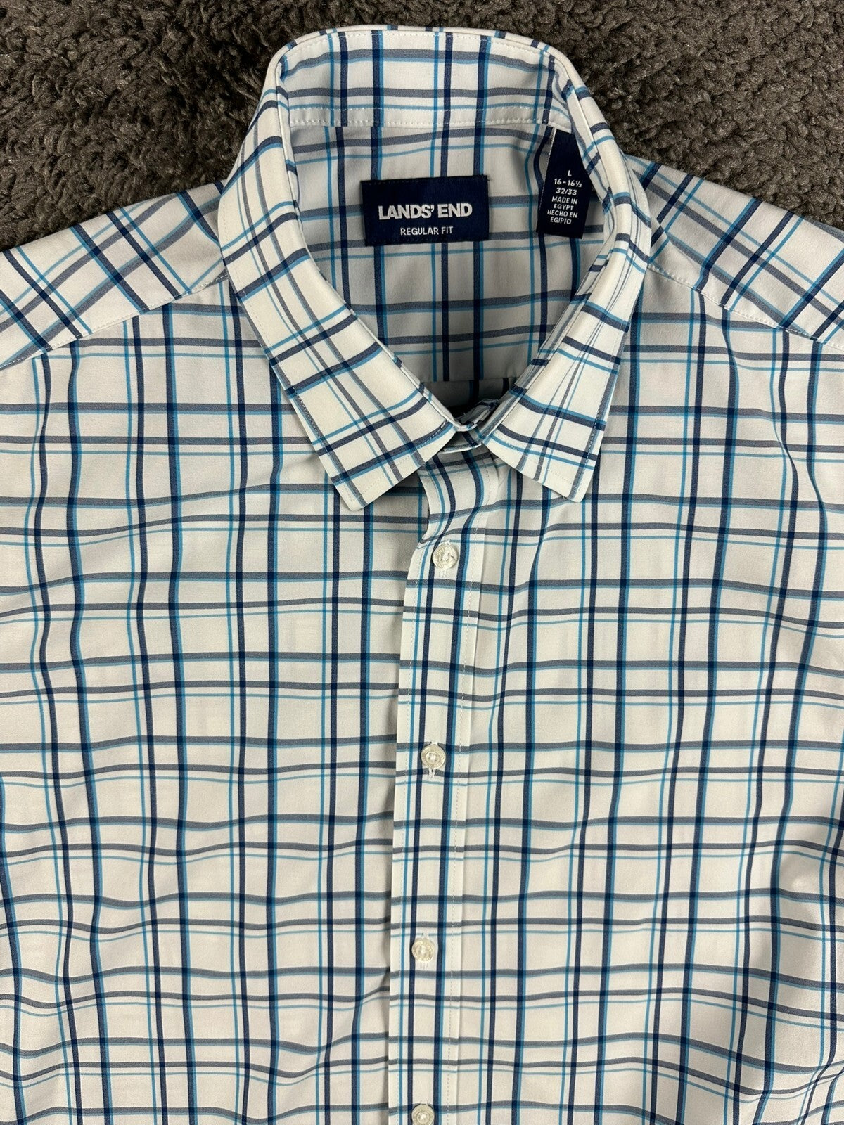 Lands End Mens Large 16-16.5 L Stretch Plaid Button Down Shirt Blue Check Egypt