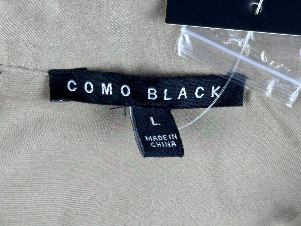 Como Black Blouse Womens Large Champagne Silk-Like Satin Button Up Shirt NWT