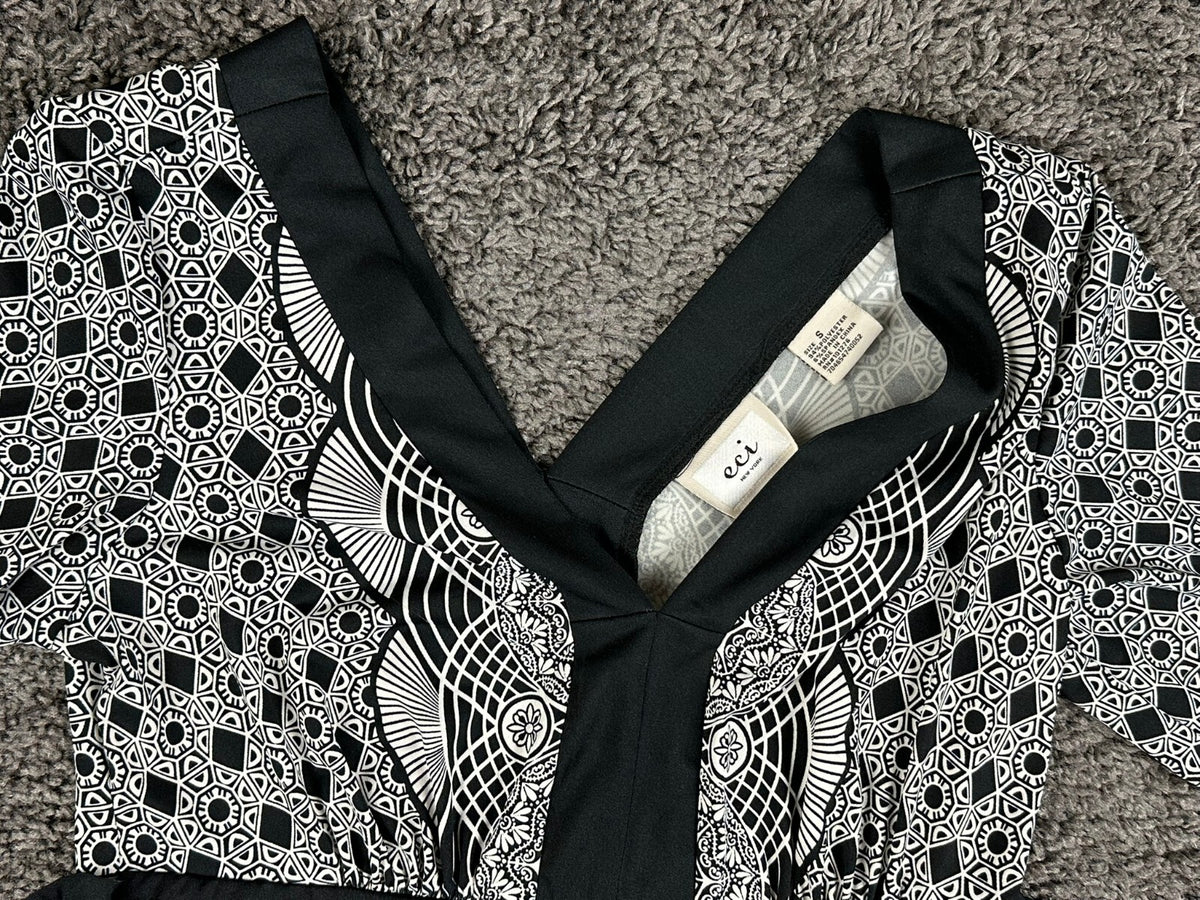 ECI New York Womens Small S V-Neck Empire Waist Tie A-Line Dress Black White
