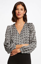 Morgan De Toi Odesir Blouse Black White Geometric Wrap Long Sleeve Top Sz XS 34