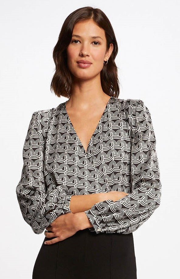Morgan De Toi Odesir Blouse Black White Geometric Wrap Long Sleeve Top Sz XS 34
