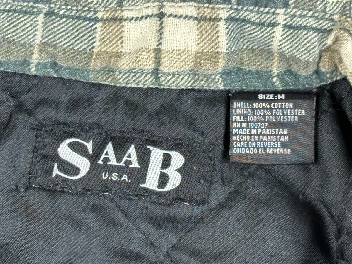 Vintage 90’s SAAB USA Mens M Green Plaid Quilted Lined Flannel Shirt Jacket Zip
