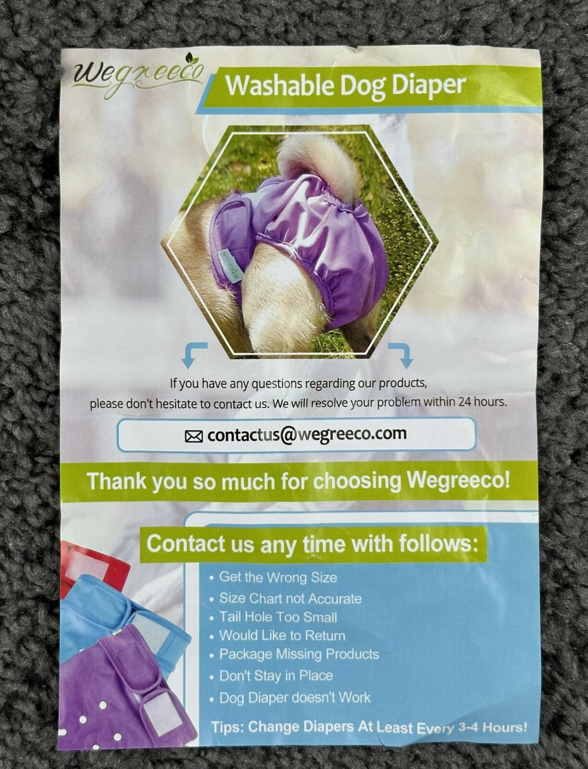 Wegreeco Washable Dog Diapers 3 Pack XL Purple Pink Blue Adjustable NWT
