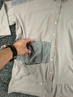 Luukaa Lagenlook Womens Button Tunic Shirt Taupe Gray Size 8 Mixed Media Pockets