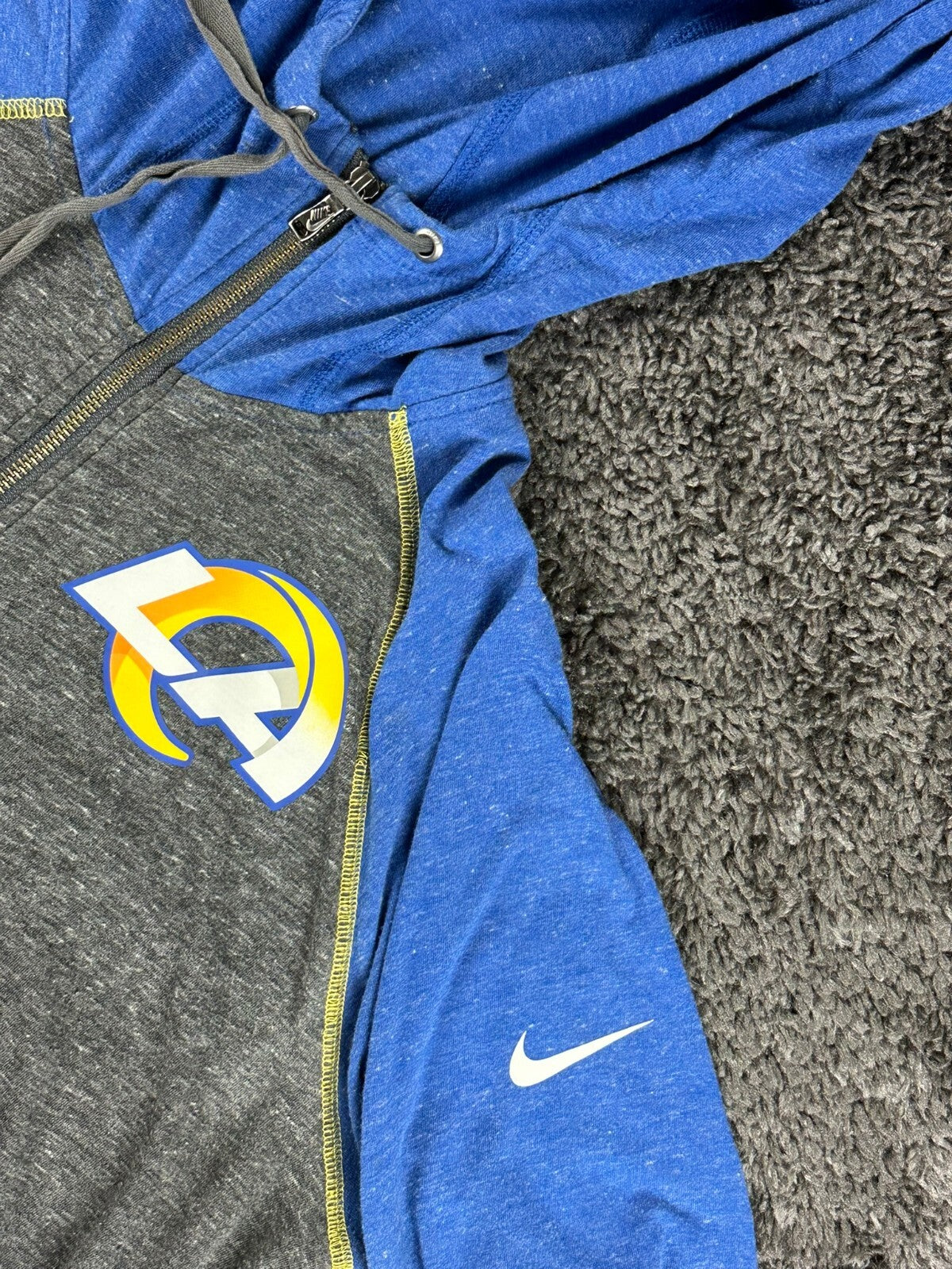 Nike NFL LA Rams Womens L Raglan Full Zip Hoodie Grey Blue Contrast Stitch