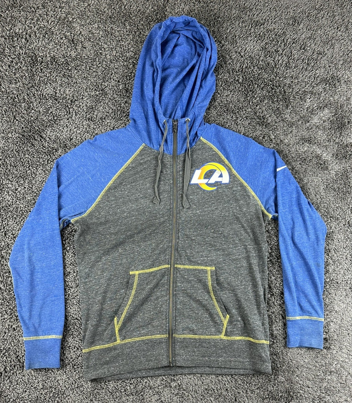 Nike NFL LA Rams Womens L Raglan Full Zip Hoodie Grey Blue Contrast Stitch