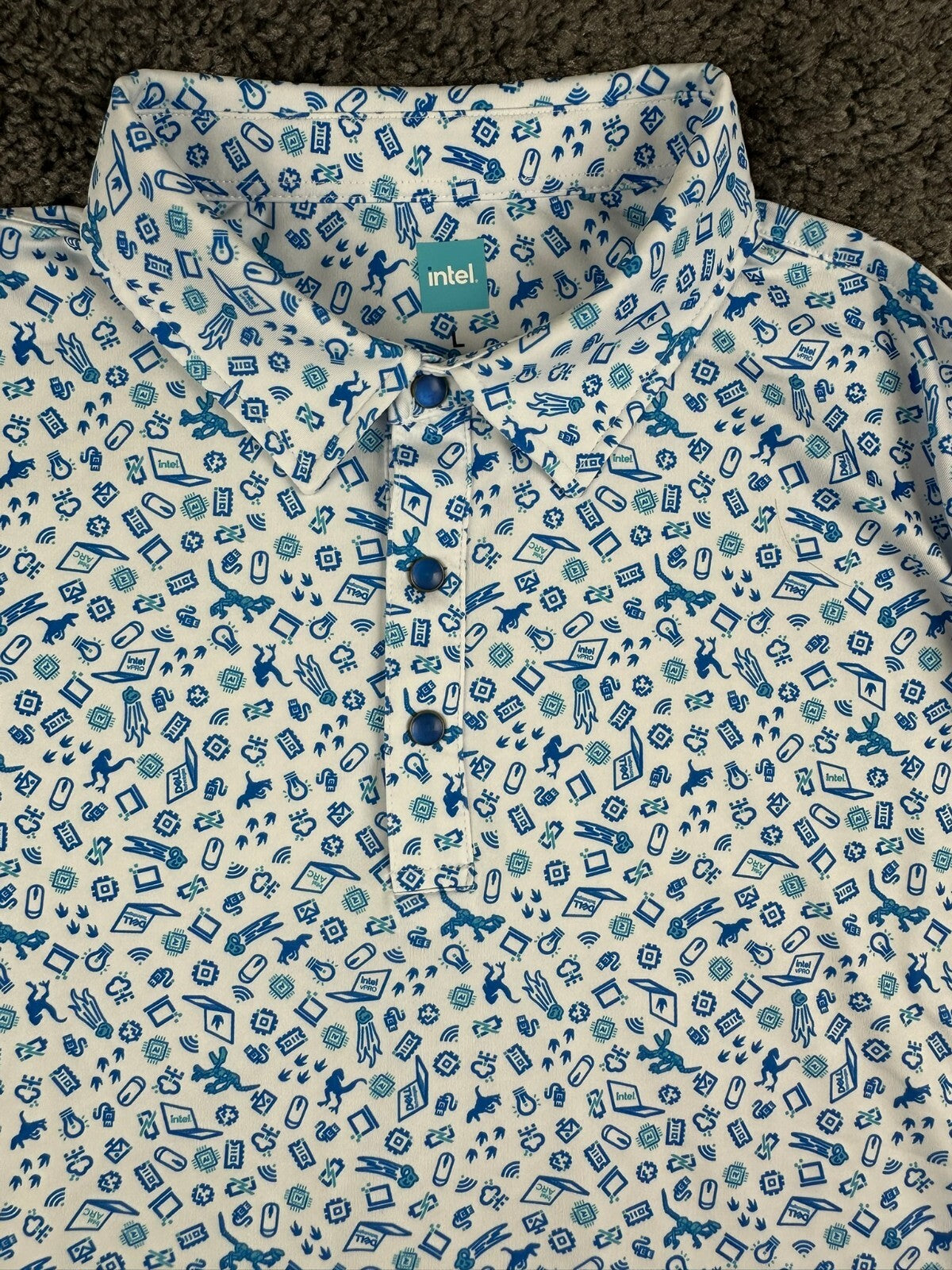 Intel Corporate Promotional Mens L White Blue Tech Print Polo Shirt
