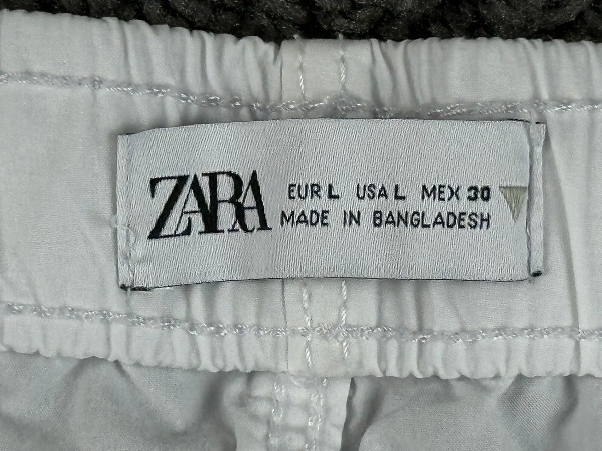 ZARA Mens Large White Cotton Parachute Pants Drawstring Cuffs Wide Leg Track