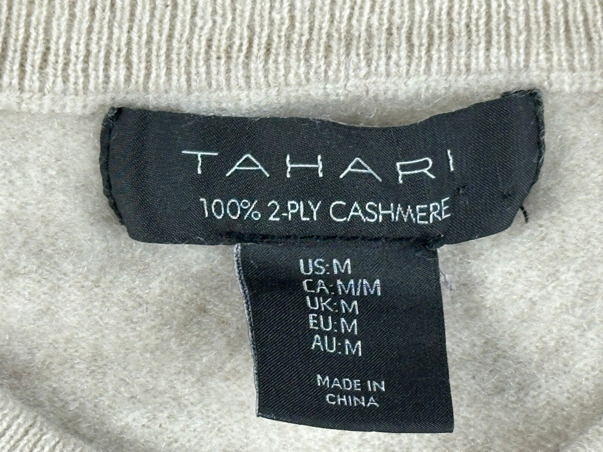 Tahari Womens M 100% Cashmere 2-Ply Crewneck Sweater Oatmeal Beige High Low